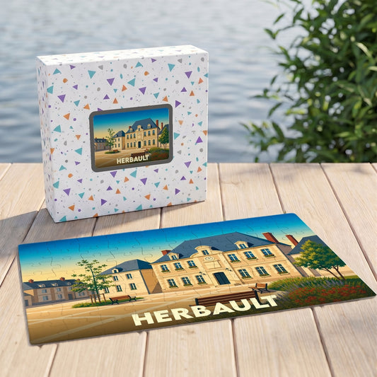 Puzzle souvenir de la ville d'Herbault avec une illustration stylisée et colorée.