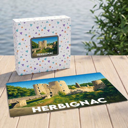 Puzzle souvenir de la ville d'Herbignac illustrant les ruines de son château médiéval.
