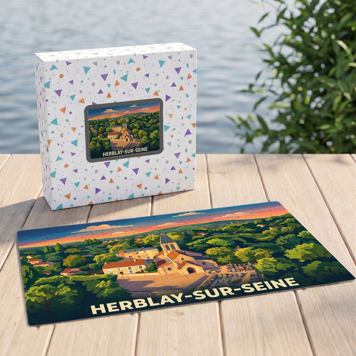 Puzzle souvenir de la ville de Herblay-sur-Seine avec une illustration stylisée et colorée.