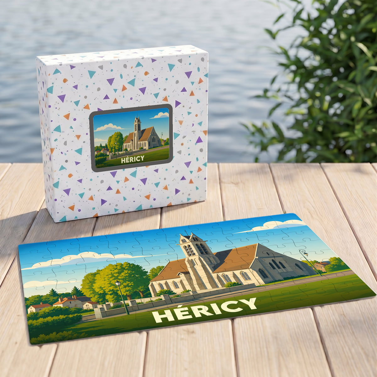 Puzzle souvenir de la ville de Héricy représentant une illustration stylisée de son église.