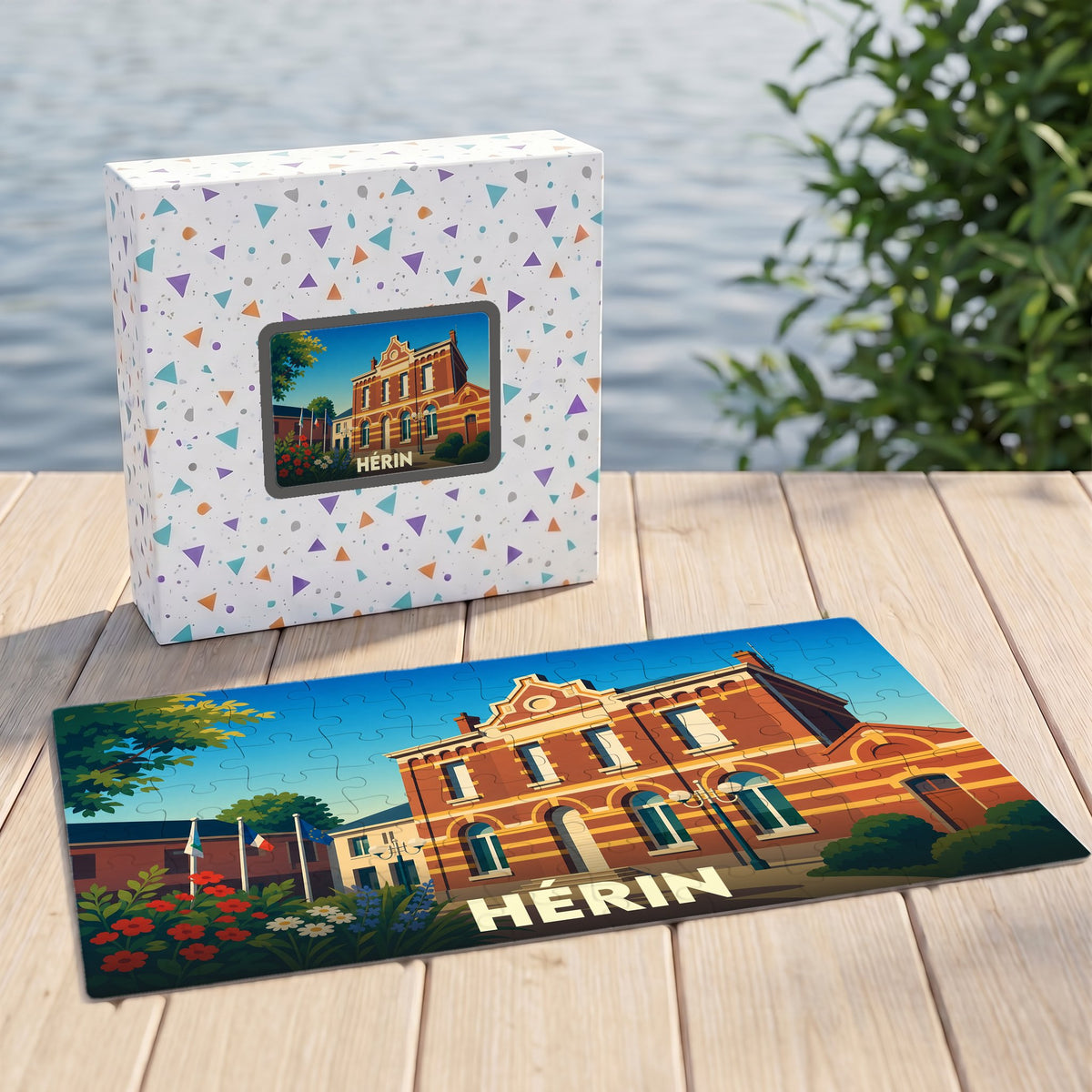 Puzzle souvenir de la ville de Hérin avec une illustration stylisée de son hôtel de ville.