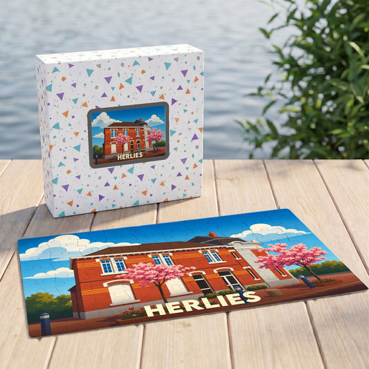 Puzzle souvenir de la ville de Herlies avec une illustration stylisée d'un bâtiment en briques et d'arbres en fleurs.