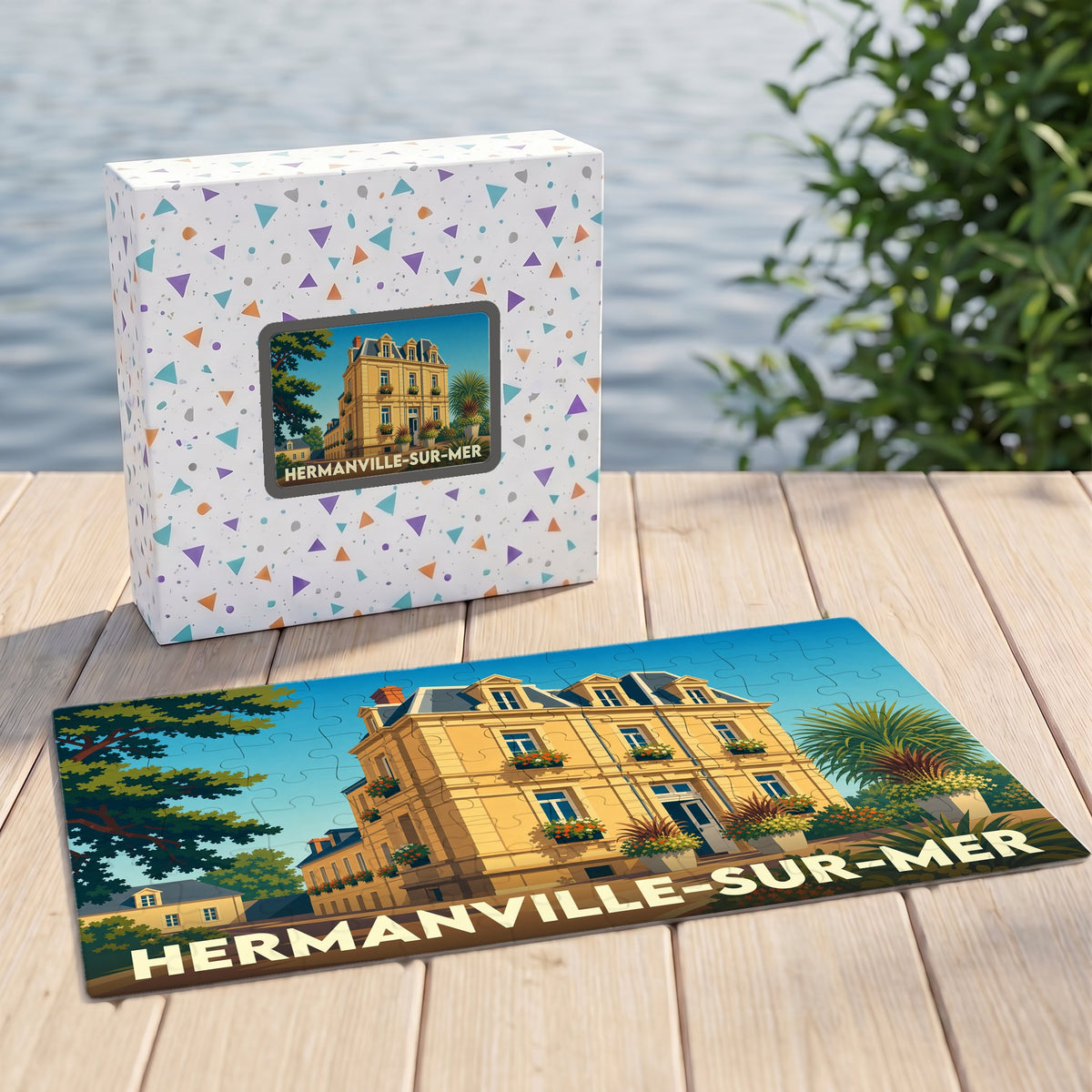 Puzzle souvenir de la ville de Hermanville-sur-Mer avec une illustration stylisée d'une villa balnéaire.