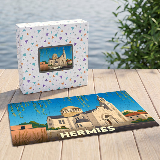 Puzzle souvenir de la ville de Hermies avec une illustration stylisée de son église.