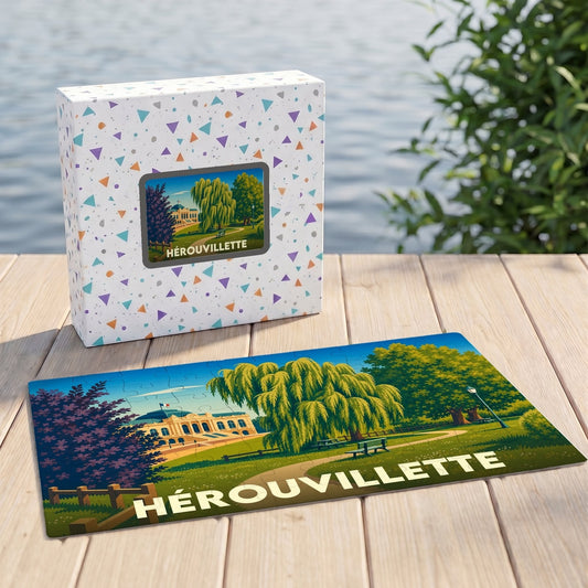 Puzzle souvenir de la ville de Hérouvillette illustré par un paysage de parc avec un château.