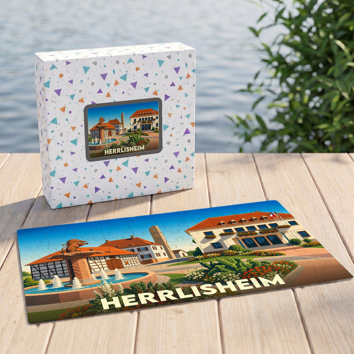 Puzzle souvenir de la ville de Herrlisheim avec une illustration colorée de sa place principale.
