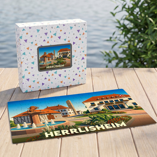 Puzzle souvenir de la ville de Herrlisheim avec une illustration colorée de sa place principale.