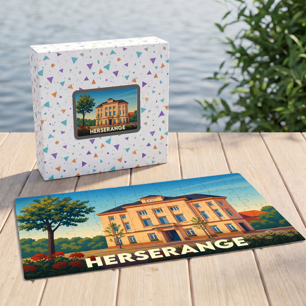 Puzzle souvenir de la ville de Herserange avec une illustration stylisée de son architecture.