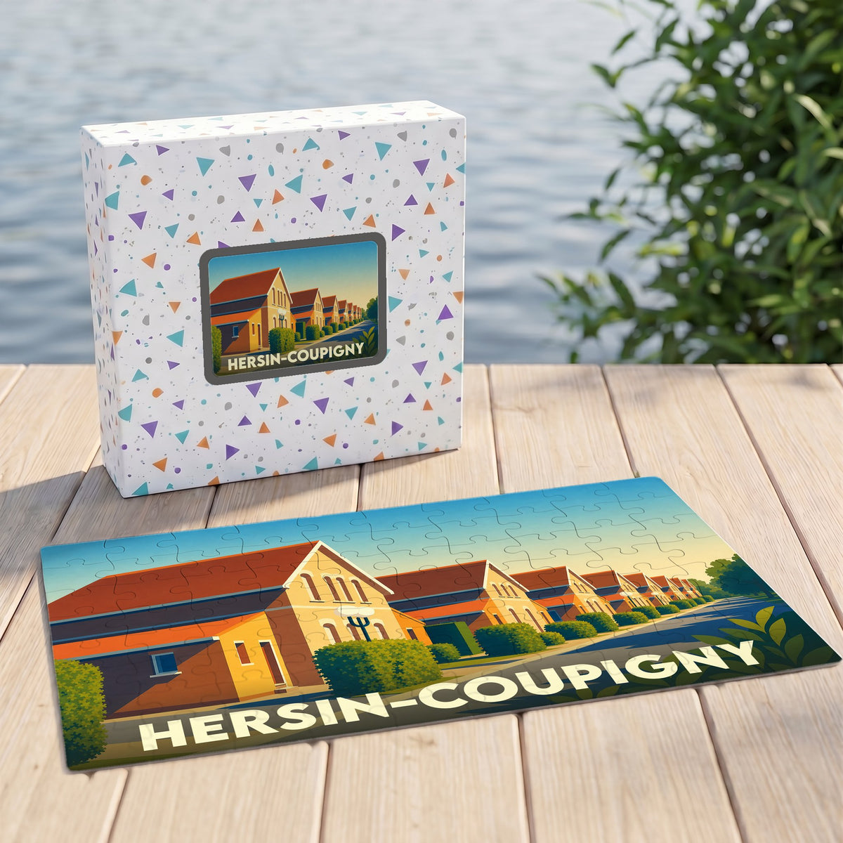 Puzzle souvenir de la ville de Hersin-Coupigny avec une illustration stylisée de maisons typiques.