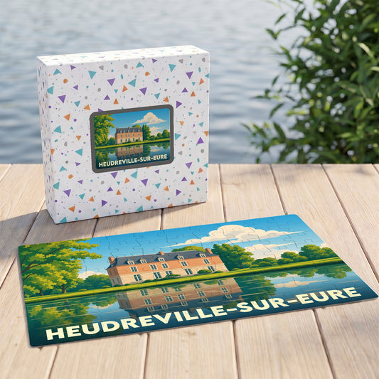 Puzzle souvenir de la ville de Heudreville-sur-Eure avec une illustration stylisée d'un château au bord de l'eau.