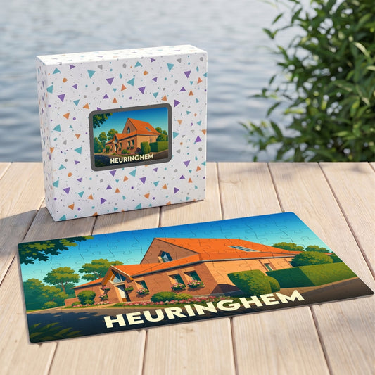 Puzzle souvenir de la ville de Heuringhem avec une illustration stylisée d'une maison locale.