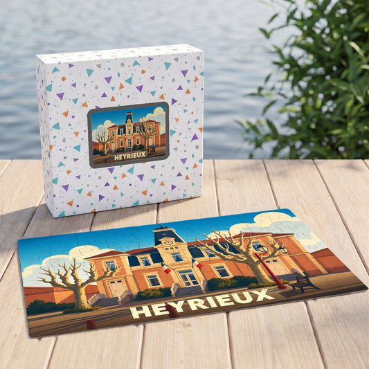 Puzzle souvenir de la ville de Heyrieux avec une illustration stylisée de son hôtel de ville.