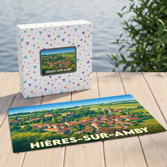 Puzzle souvenir de la ville de Hières-sur-Amby avec son illustration paysagère stylisée.
