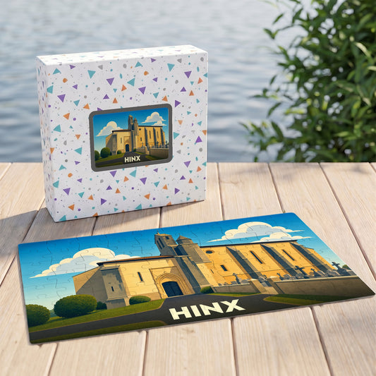 Puzzle souvenir de la ville de Hinx avec une illustration stylisée de son église.
