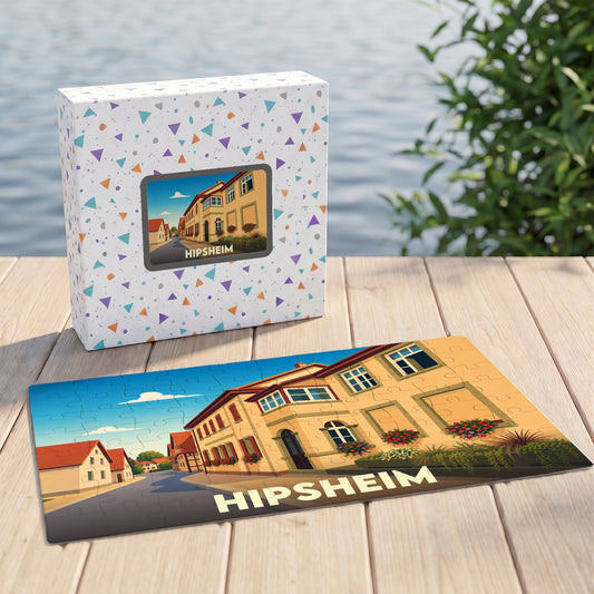 Puzzle souvenir de la ville de Hipsheim avec une illustration stylisée d'une rue alsacienne.