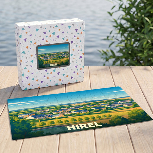 Puzzle souvenir de la ville de Hirel avec une illustration stylisée d'un paysage rural.