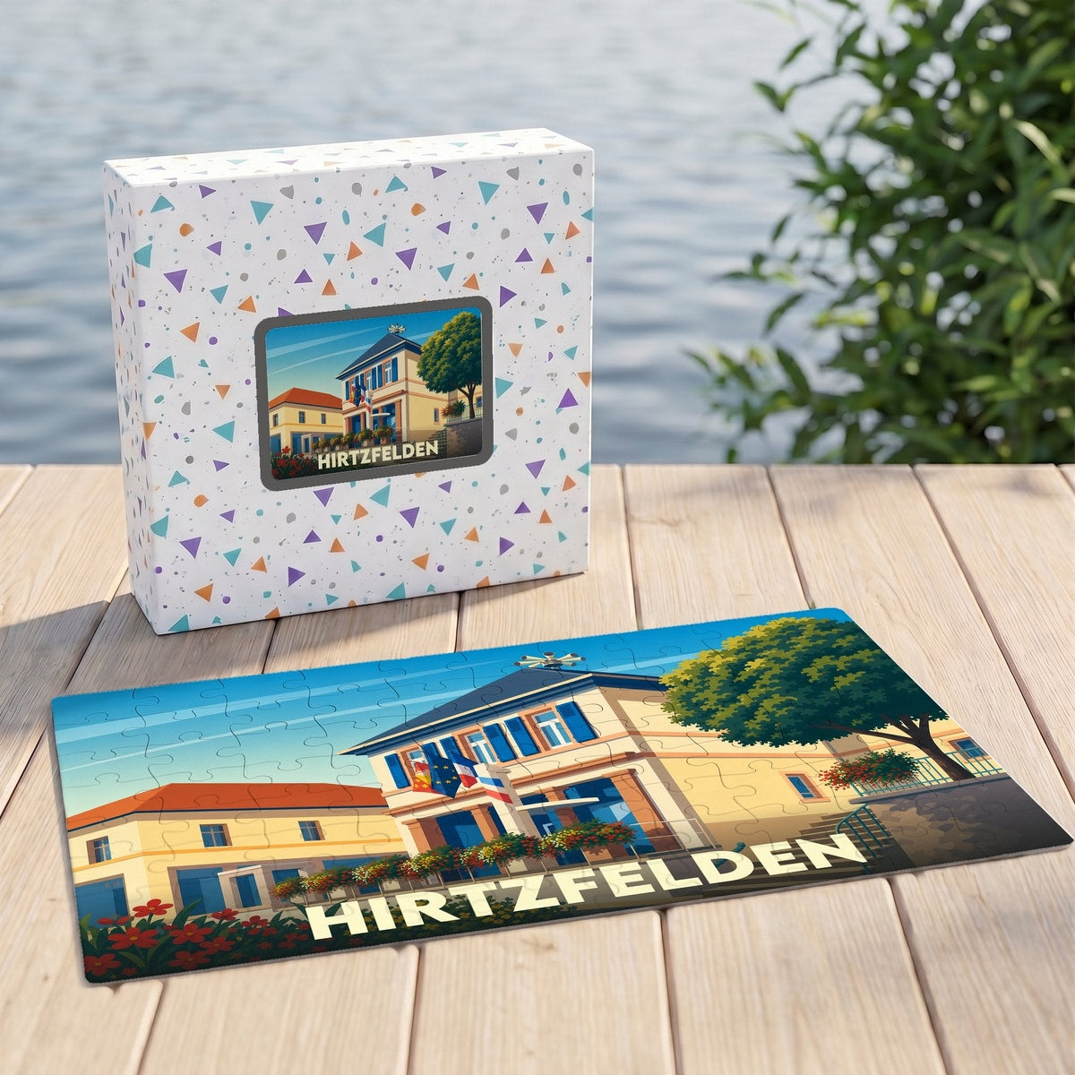 Puzzle souvenir de la ville de Hirtzfelden avec une illustration stylisée de sa mairie.