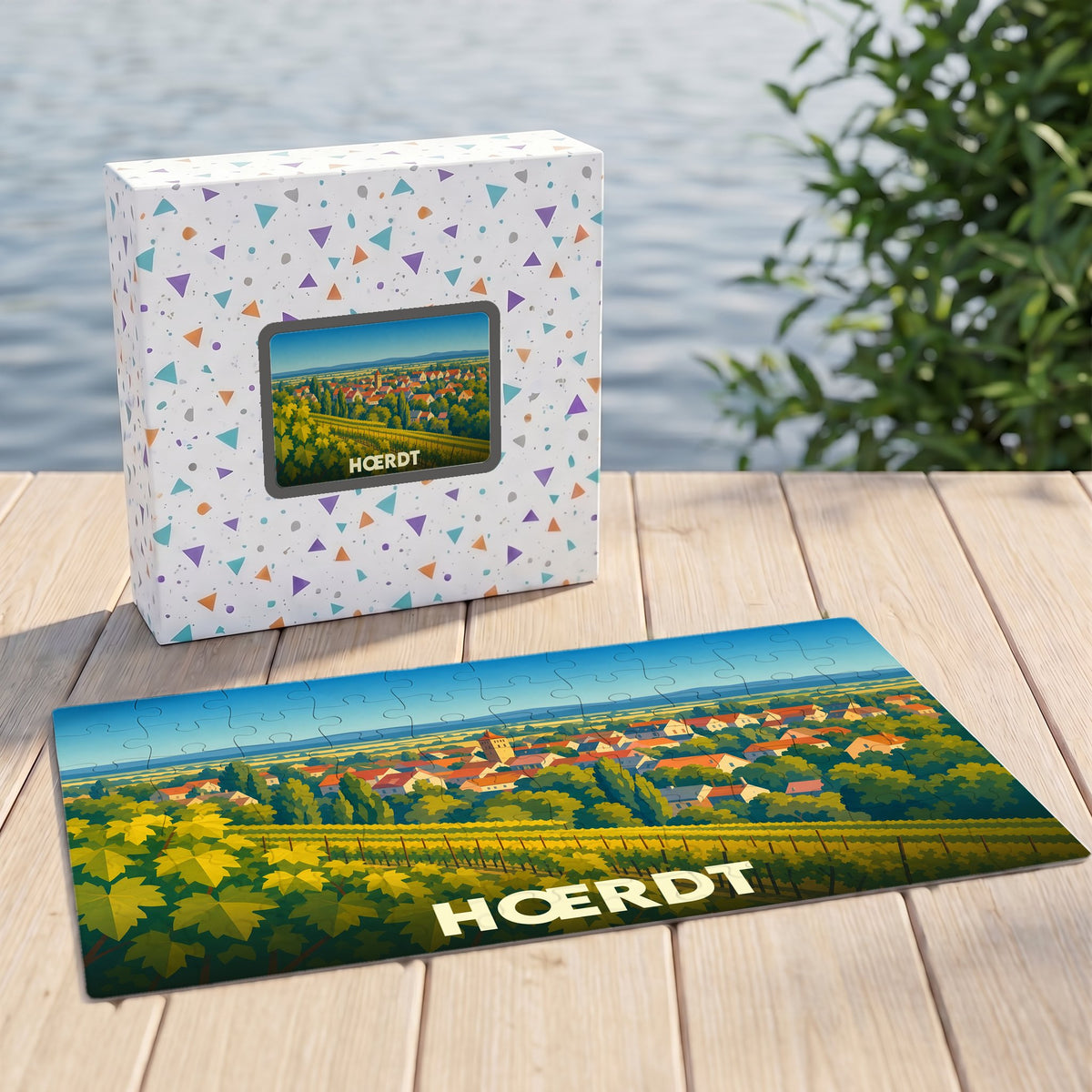 Puzzle souvenir de la ville de Hœrdt illustrant un paysage de vignobles et de maisons alsaciennes.
