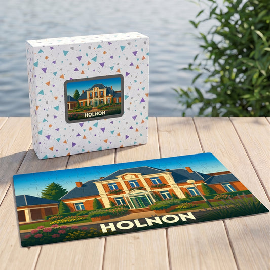 Puzzle souvenir de la ville d'Holnon avec une illustration stylisée d'un bâtiment remarquable.