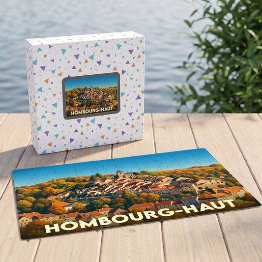 Puzzle souvenir de la ville de Hombourg-Haut représentant une vue panoramique automnale de la commune.