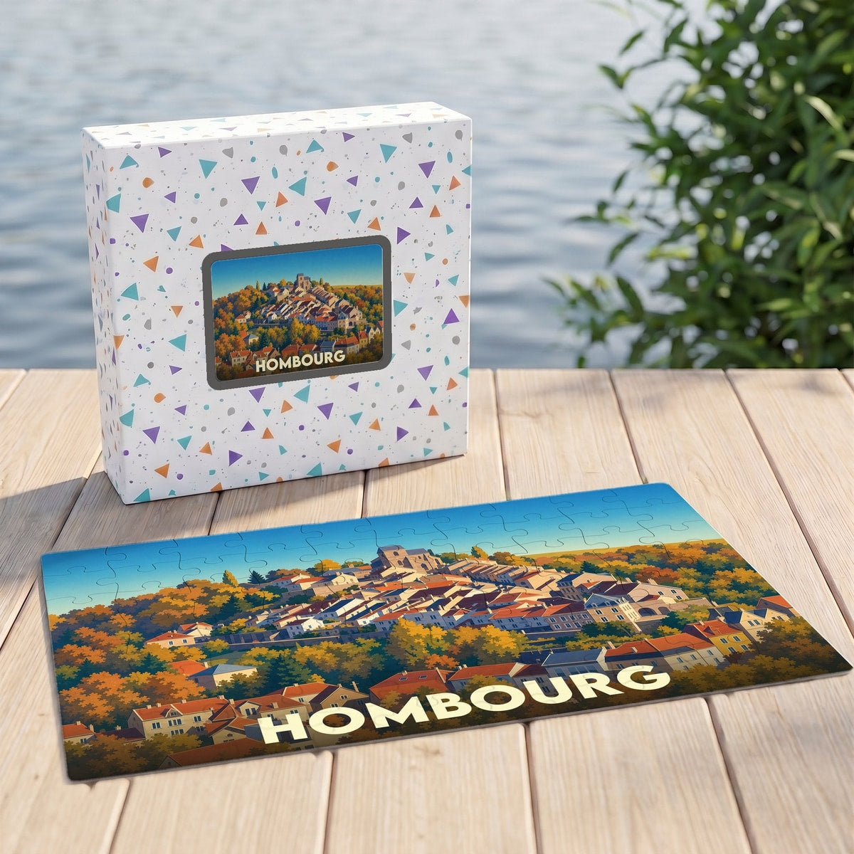 Puzzle souvenir de la ville de Hombourg avec une illustration automnale stylisée.