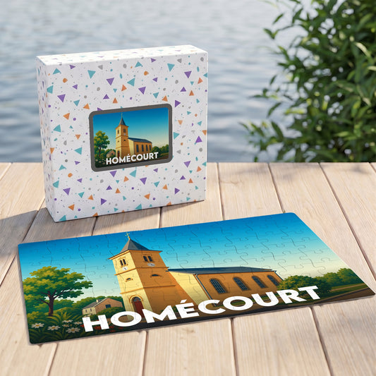 Puzzle souvenir de la ville de Homécourt représentant son église sous forme d'illustration stylisée.