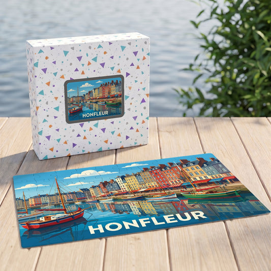 Puzzle souvenir de la ville de Honfleur avec une illustration stylisée de son port coloré.