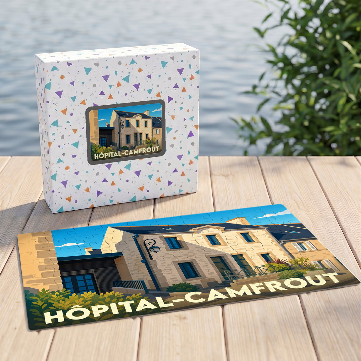 Puzzle souvenir de la ville de Hôpital-Camfrout avec une illustration stylisée de son architecture.