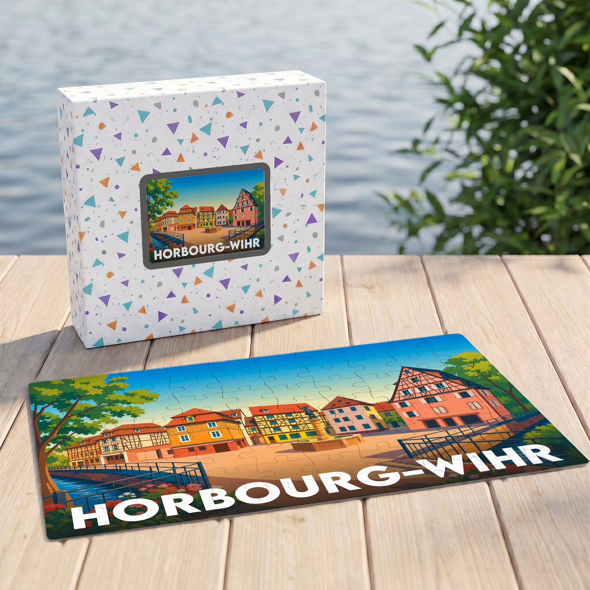Puzzle souvenir de la ville de Horbourg-Wihr avec une illustration colorée de maisons à colombages.