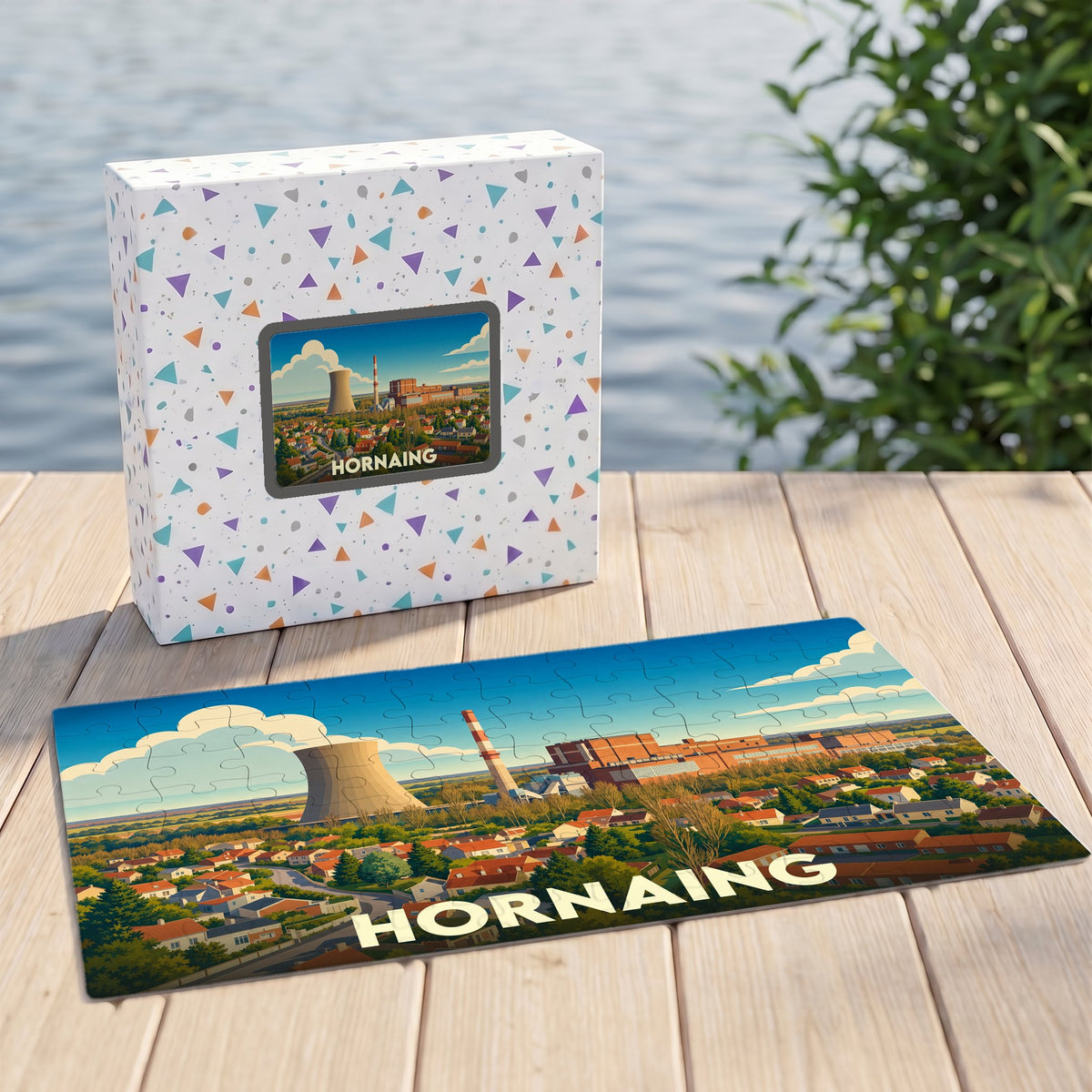 Puzzle souvenir de la ville de Hornaing représentant son paysage industriel et urbain avec une illustration colorée.
