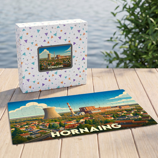 Puzzle souvenir de la ville de Hornaing représentant son paysage industriel et urbain avec une illustration colorée.