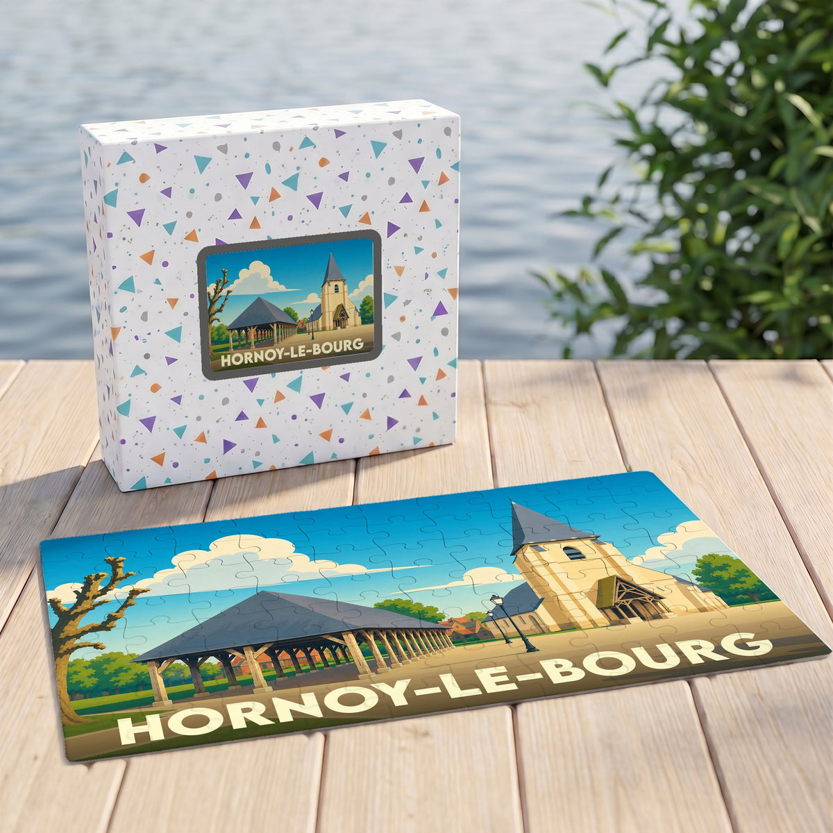 Puzzle souvenir de la ville de Hornoy-le-Bourg avec une illustration stylisée.
