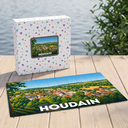 Puzzle souvenir de la ville de Houdain avec une illustration panoramique stylisée.