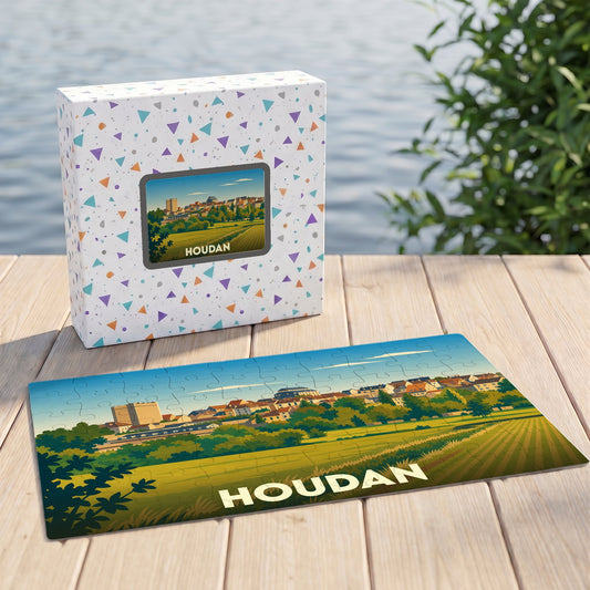 Puzzle souvenir de la ville de Houdan avec une illustration panoramique stylisée.