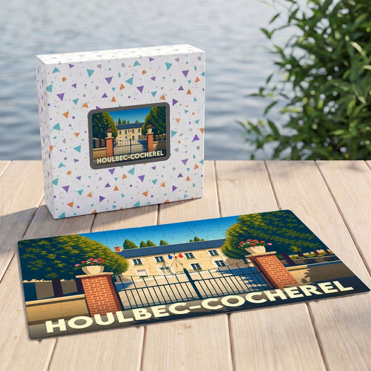 Puzzle souvenir de la ville de Houlbec-Cocherel avec une illustration stylisée de son patrimoine.
