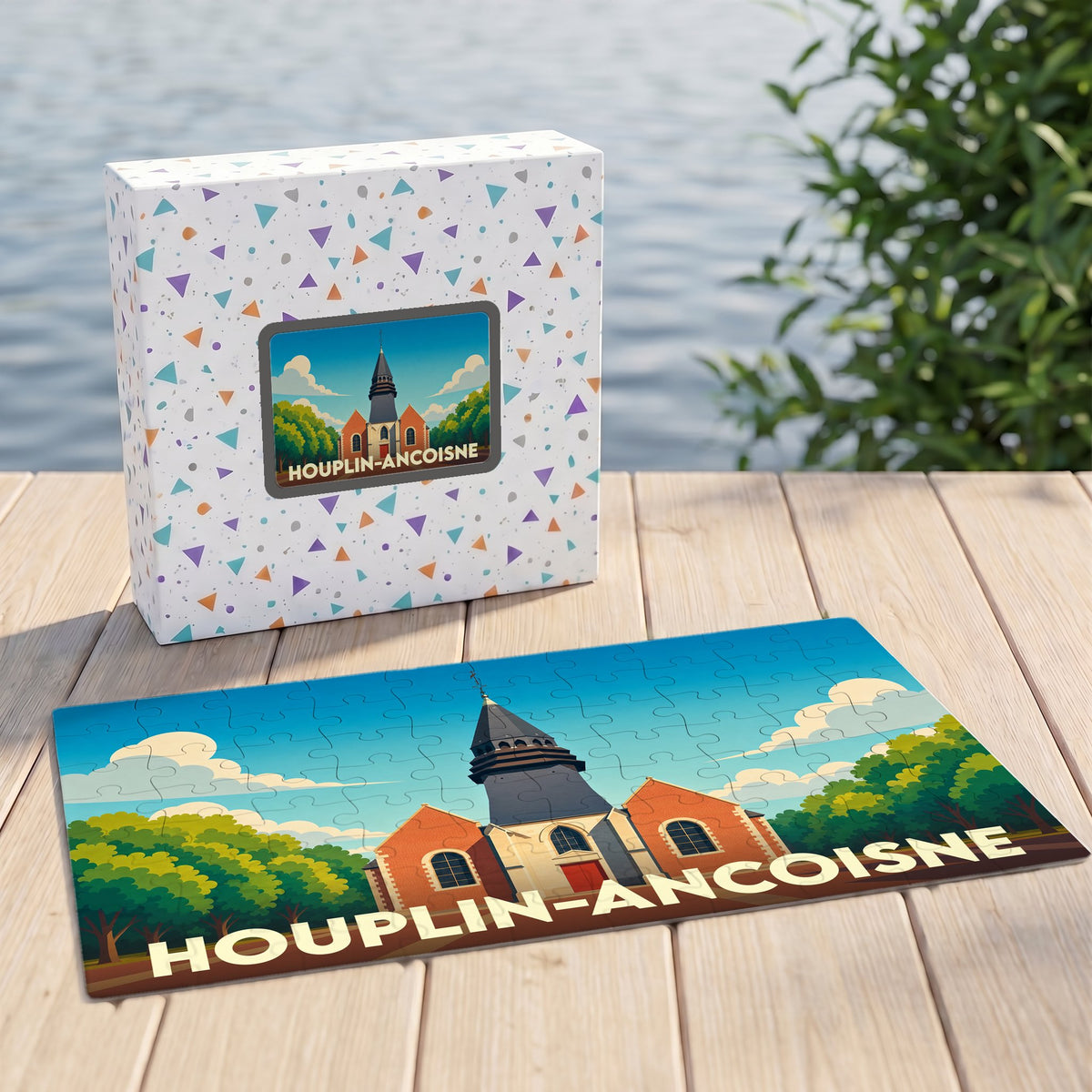 Puzzle souvenir de la ville de Houplin-Ancoisne avec une illustration stylisée de son église.