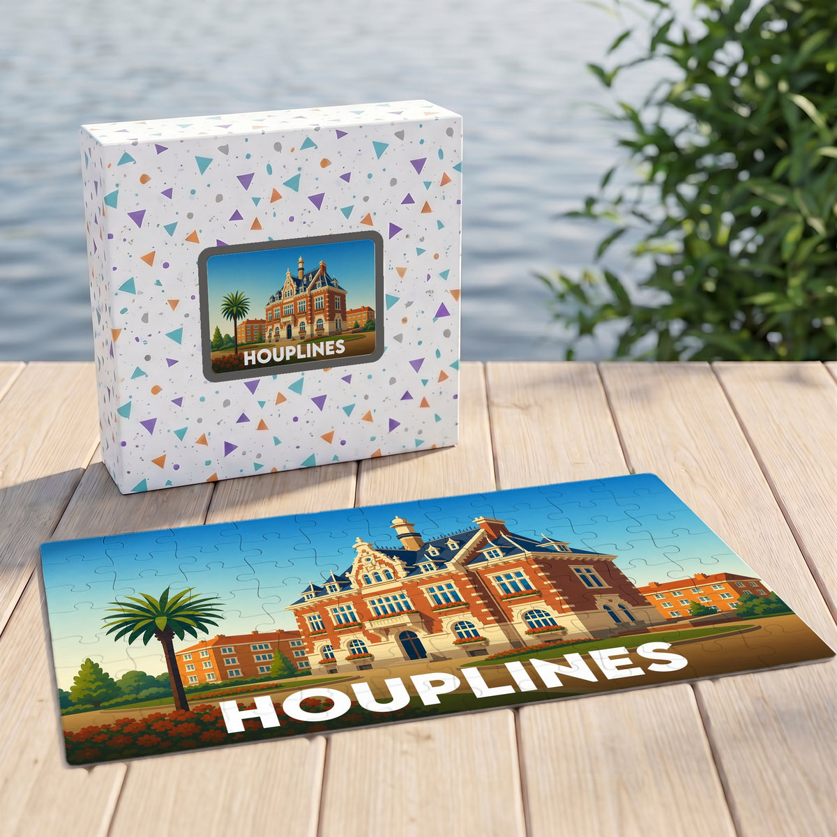 Puzzle souvenir de la ville de Houplines avec une illustration stylisée d'un bâtiment historique.