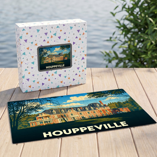 Puzzle souvenir de la ville de Houppeville avec une illustration stylisée d'un grand manoir.