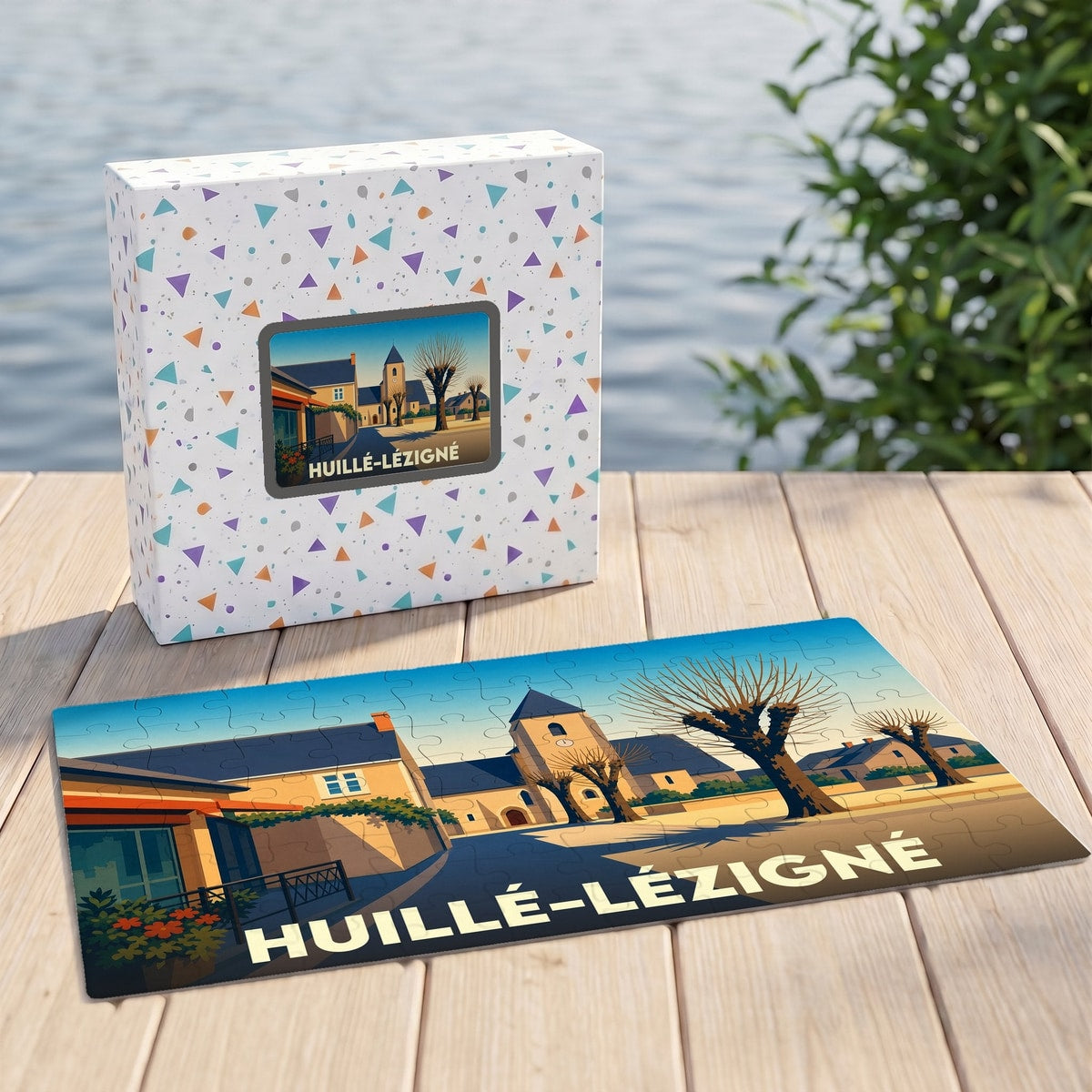 Puzzle souvenir de la ville de Huillé-Lézigné avec une illustration stylisée et colorée.
