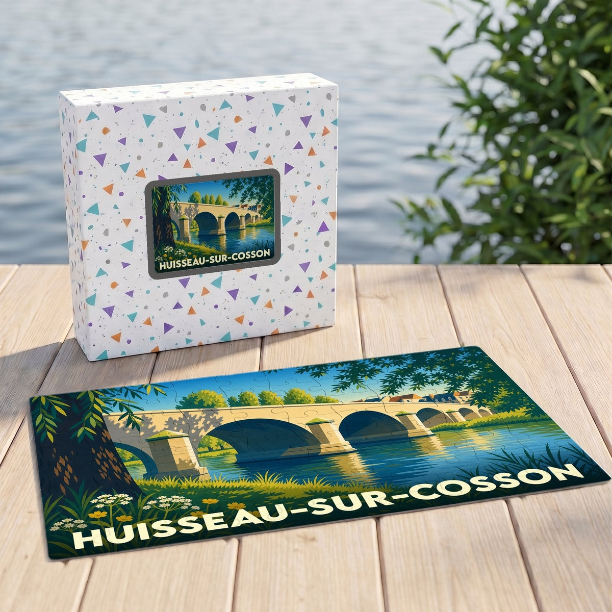 Puzzle souvenir de la ville de Huisseau-sur-Cosson illustrant un pont de pierre sur une rivière.