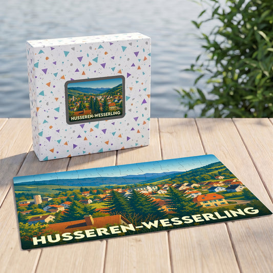Puzzle souvenir de la ville de Husseren-Wesserling avec une illustration paysagère stylisée.