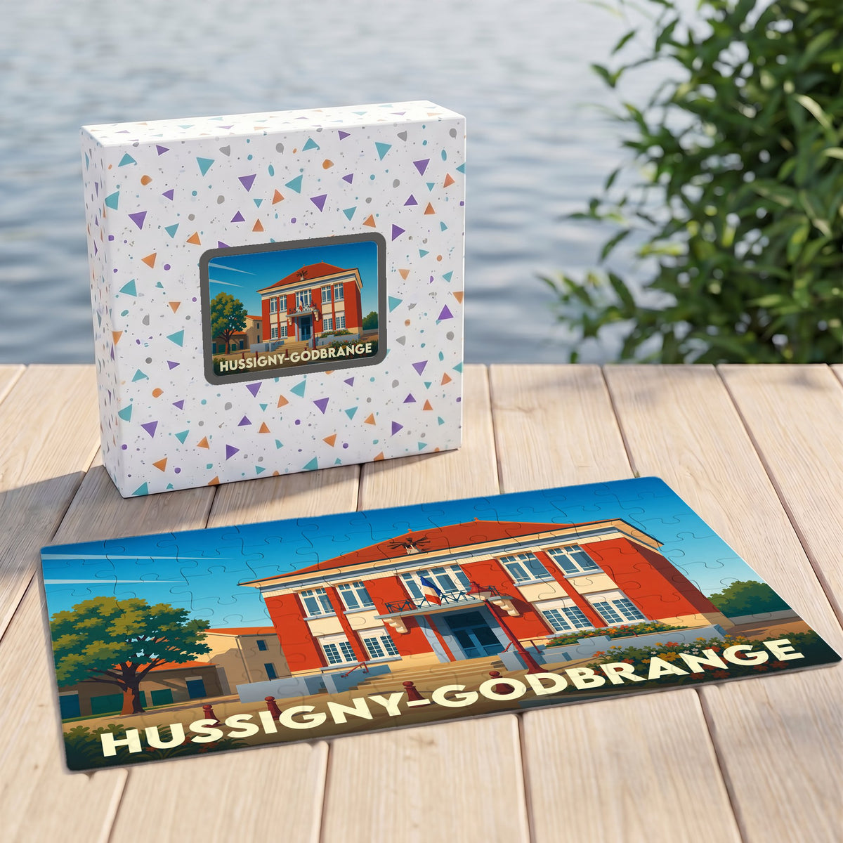 Puzzle souvenir de la ville de Hussigny-Godbrange avec une illustration stylisée de sa mairie.
