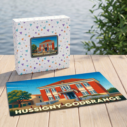 Puzzle souvenir de la ville de Hussigny-Godbrange avec une illustration stylisée de sa mairie.
