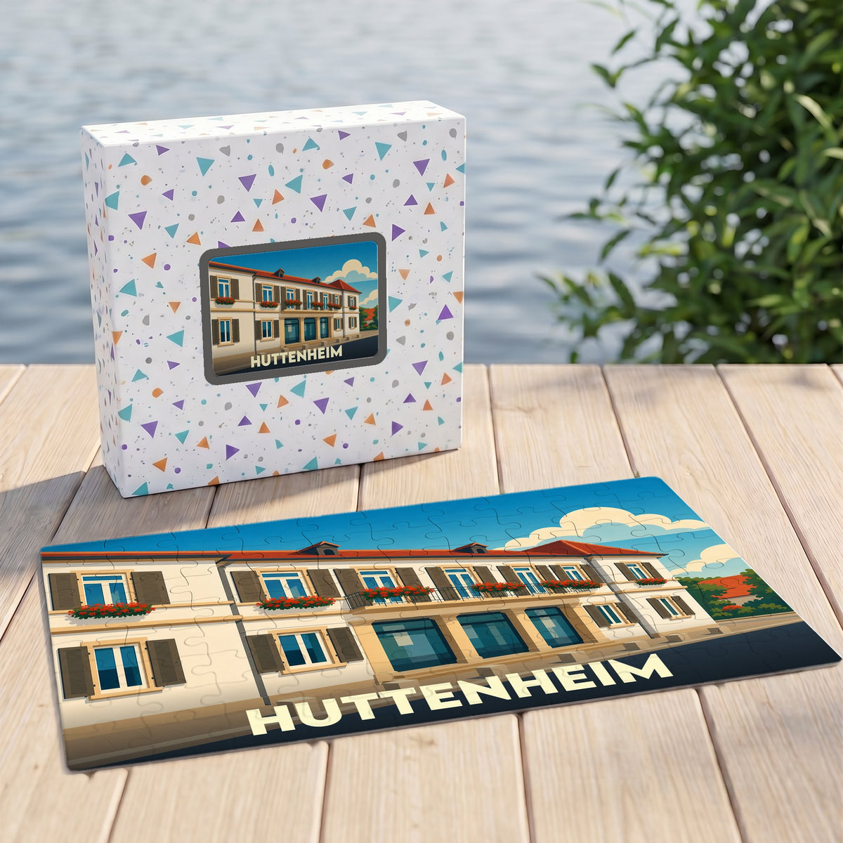 Puzzle souvenir de la ville de Huttenheim présentant une illustration stylisée d'un bâtiment typique.