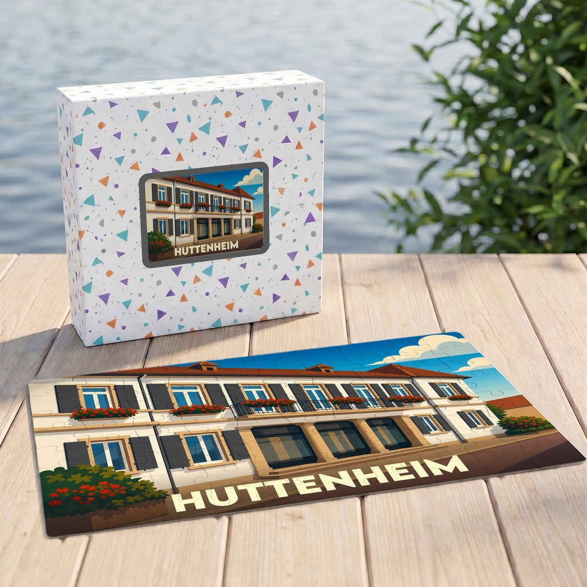 Puzzle souvenir de la ville de Huttenheim avec une illustration stylisée d'un bâtiment traditionnel alsacien.