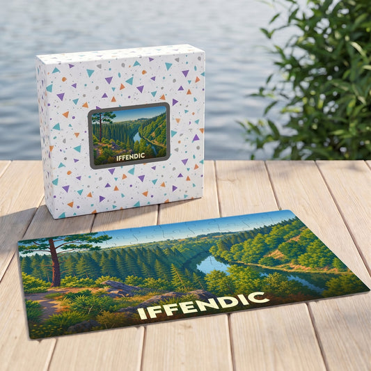 Puzzle souvenir de la ville de Iffendic illustrant un paysage de forêt et de rivière.