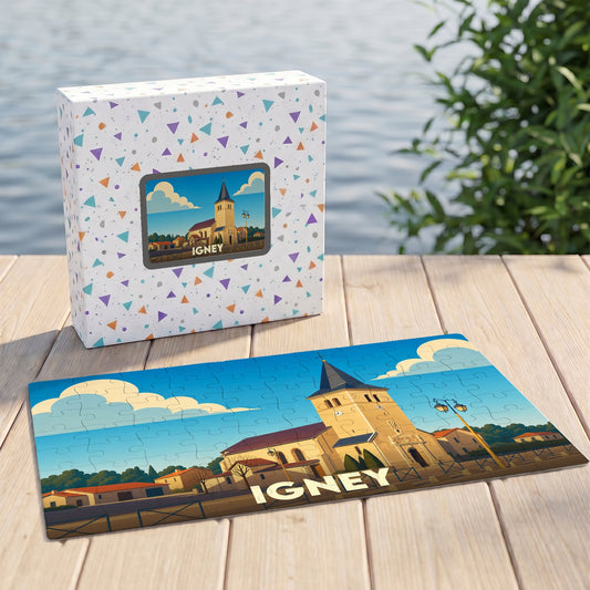 Puzzle souvenir de la ville de Igney avec une illustration stylisée de son église.