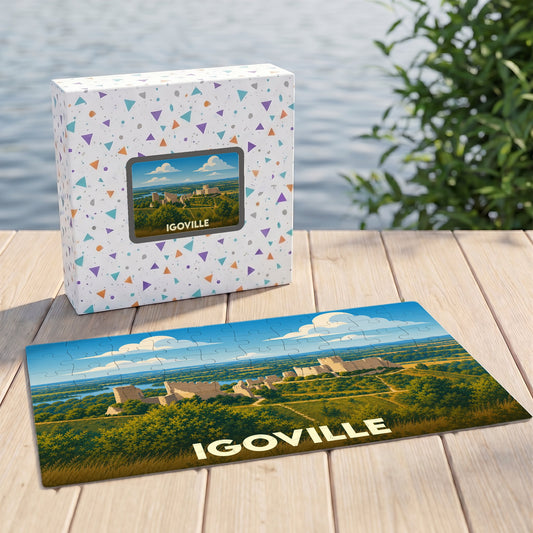 Puzzle souvenir de la ville d'Igoville présentant une illustration panoramique de paysages et de monuments historiques.