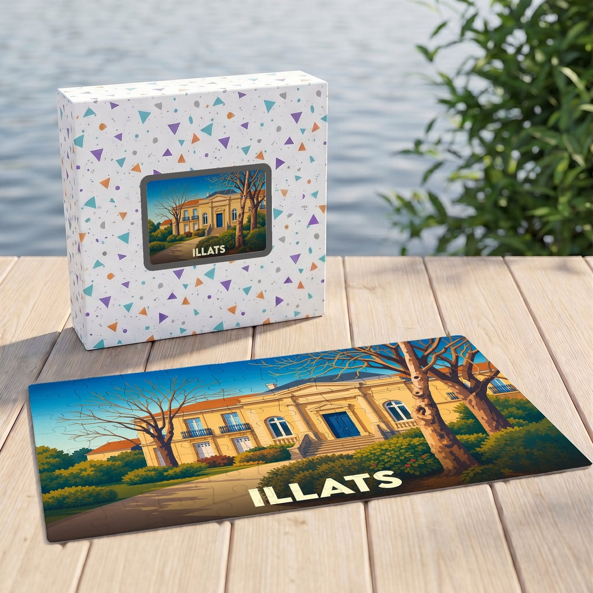 Puzzle souvenir de la ville d'Illats avec une illustration stylisée représentant une demeure historique.
