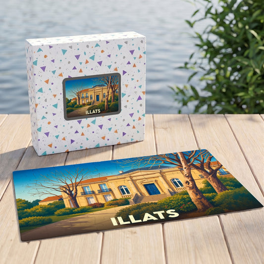Puzzle souvenir de la ville d'Illats avec une illustration stylisée représentant une demeure historique.